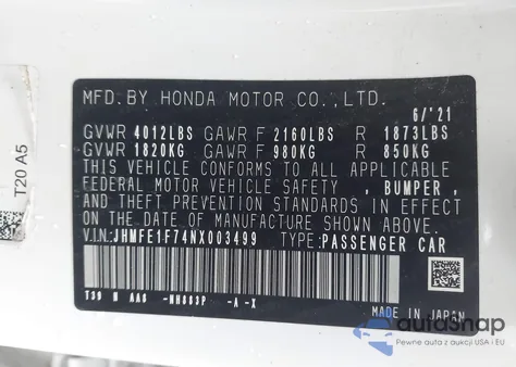 2022 Honda Civic Ex from USA, damaged, VIN JHMFE1F74NX003499